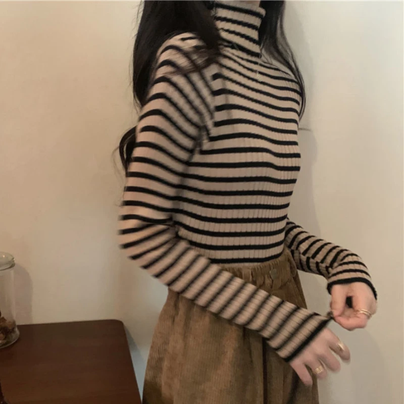 Women Striped Turtleneck Pullovers Elegant Slim All-match Simple Vintage College Autumn Gentle Fashion Design Korean Style Mujer