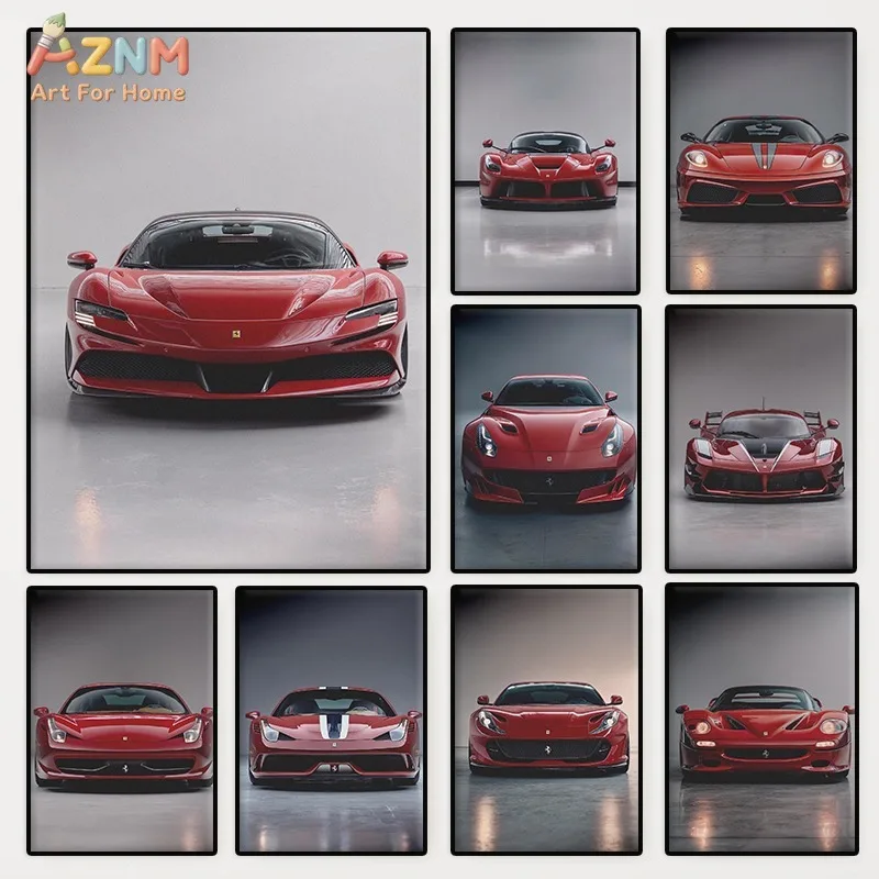 AZNM Ferrari Supercar Collection - Lienzo decorativo para pared sin marco, póster de coche deportivo rojo de lujo italiano para garaje, man cave, sala de estar