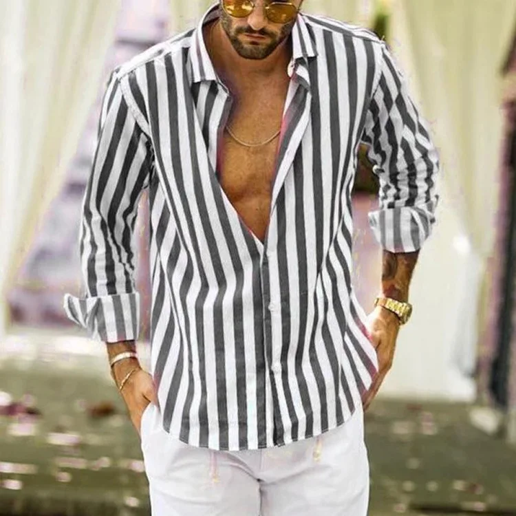 

Мужская модная полосатая рубашка с длинным рукавом, тонкая, с принтом, свободного кроя, универсальная, для всех сезонов, молодежная, повседневная.