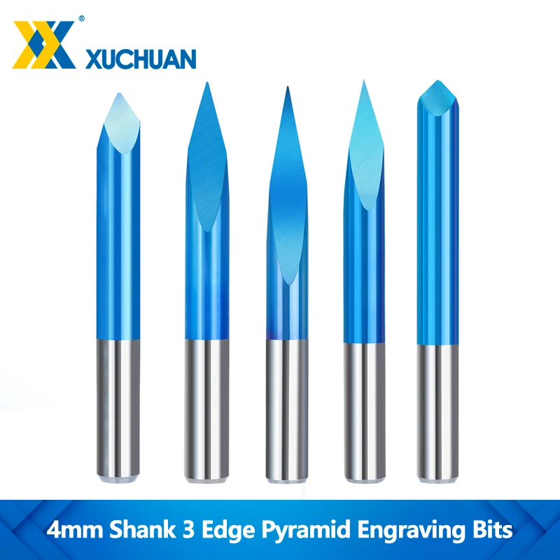 

3 Edge Pyramid Engraving Bits 4mm Shank 20 30 40 45 60 90 Degree Tip 0.1-0.3mm Nano Blue Coated CNC Router Bit 3D Milling Cutter