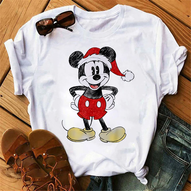 Christmas Mickey Print T-shirts for Women Fashion Minnie Mouse T Shirt Streetwear Female Clothes Kawaii Disney Tshirt