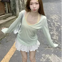 Polyester Fashion Tops Woman Plain 2025 High Quality Long Sleeve T Shirt for Women Cheap Clothing Sales Y2k Korea Korean Style