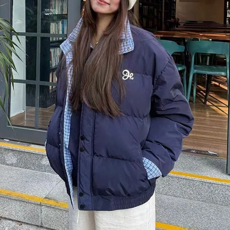 Preppy الأزرق منقوشة الربط سترة القطن النساء الشتاء الكورية نمط كلية دافئة فضفاضة الباردة برهان الأزرق سميكة معطف طويل الأكمام