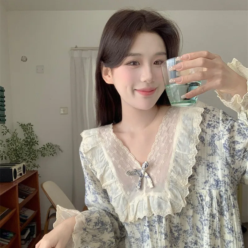 Women's Summer Pajamas Dress Pure Cotton Korean Style Painting Lace Splicing Loose Fit Loungewear Nightdress One Size Floral
