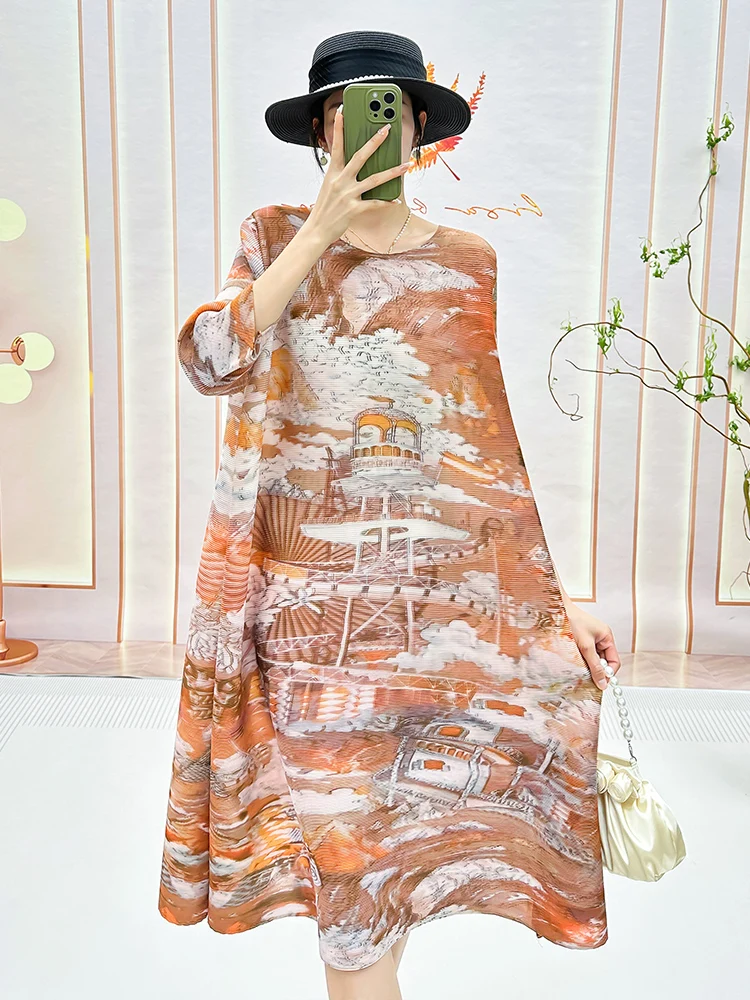 

Spring New Sle Women's Dr Tee Fold Artistic Creation Floral Print round Ne Gored Skirt Midi Dr Polyester Fiber