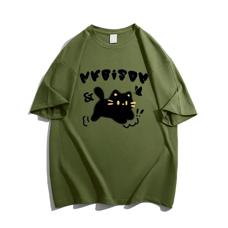 Pure cotton army green Korean version retro cartoon cat short sleeved T-shirt for women summer chic loose casual top T-shirt y2k