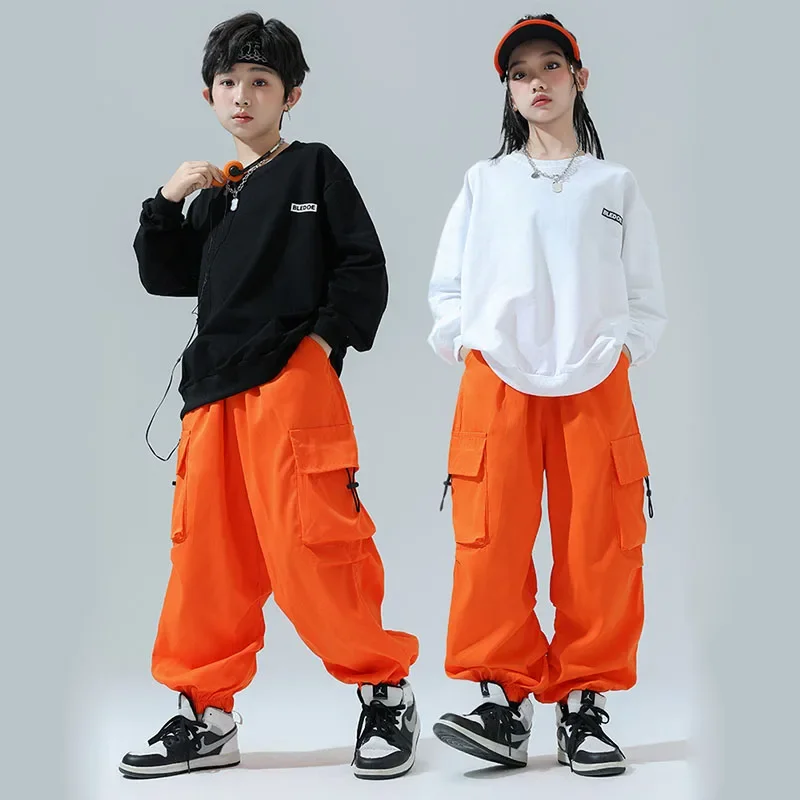 

Детская одежда в стиле хип-хоп, толстовка с белыми буквами, топ, оранжевые повседневные брюки-карго для бега для девочек и мальчиков, одежда для джазовых танцев, костюм, одежда