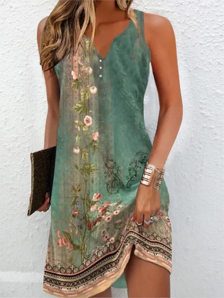 Vestido estampado de verão feminino casual sem mangas com decote em v pulôver vestidos para mulheres moda férias praia boho roupas femininas