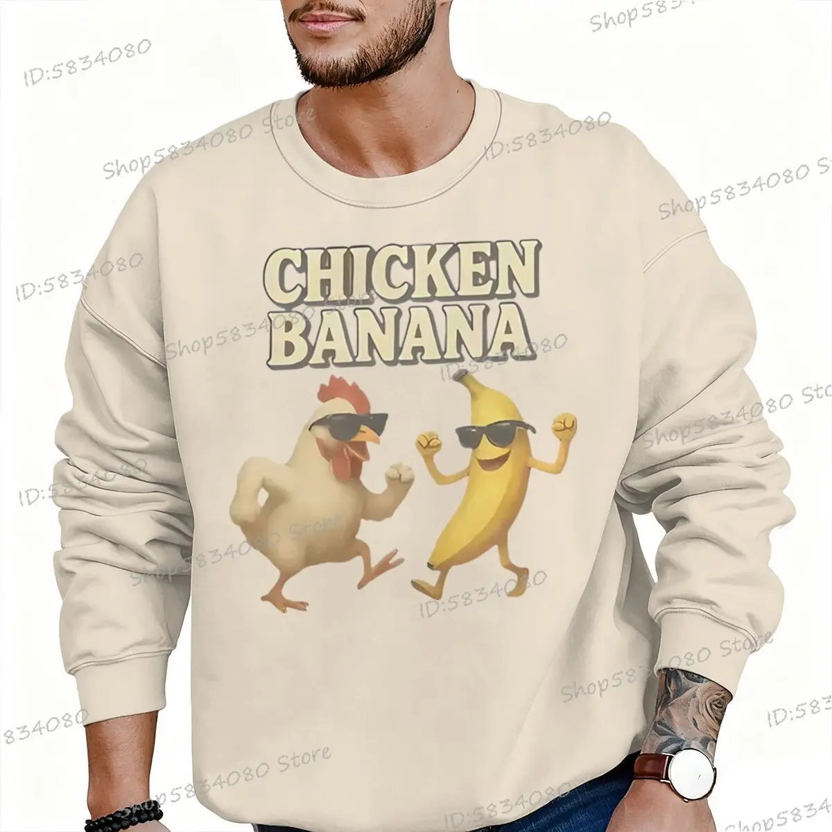 Фото Мужские толстовки с забавным рисунком курицы и банана, модные повседневные топы унисекс, забавный дизайн с курицей и бананом, мужской женский свитер