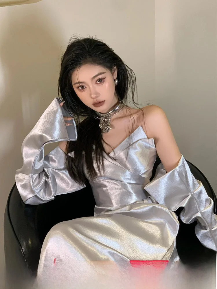 

Серебряное вечернее платье Ele с одним открытым плечом для женщин, длинное, для церемоний, коктейльных вечеринок и выступлений