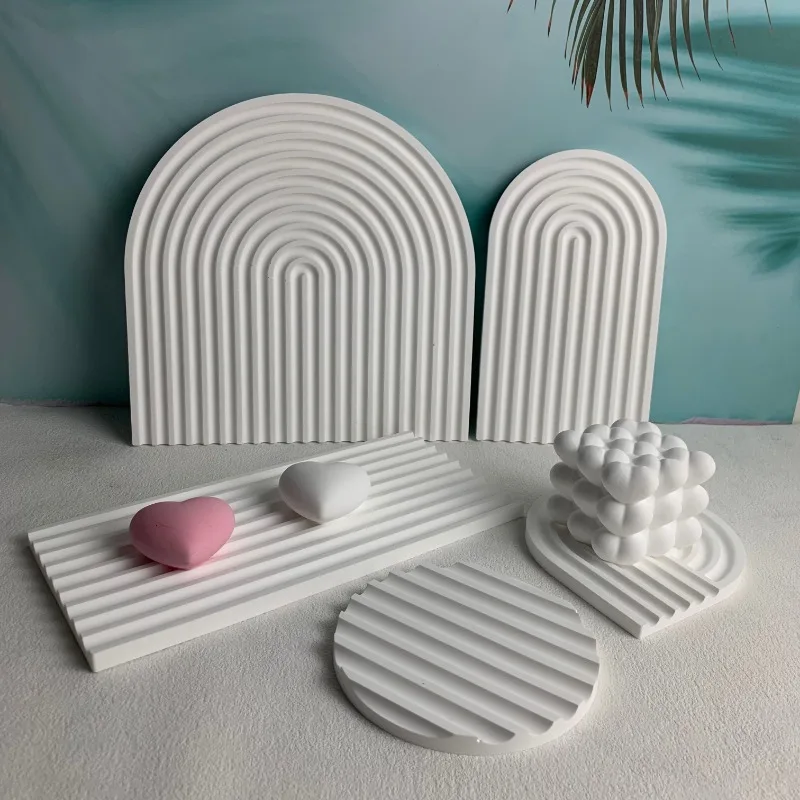 Striped Tray  Silicone Molds with Grooves Casting Molds Coaster Striped Plate Tray Round Rainbow Arch Concrete Tray Resin Molds