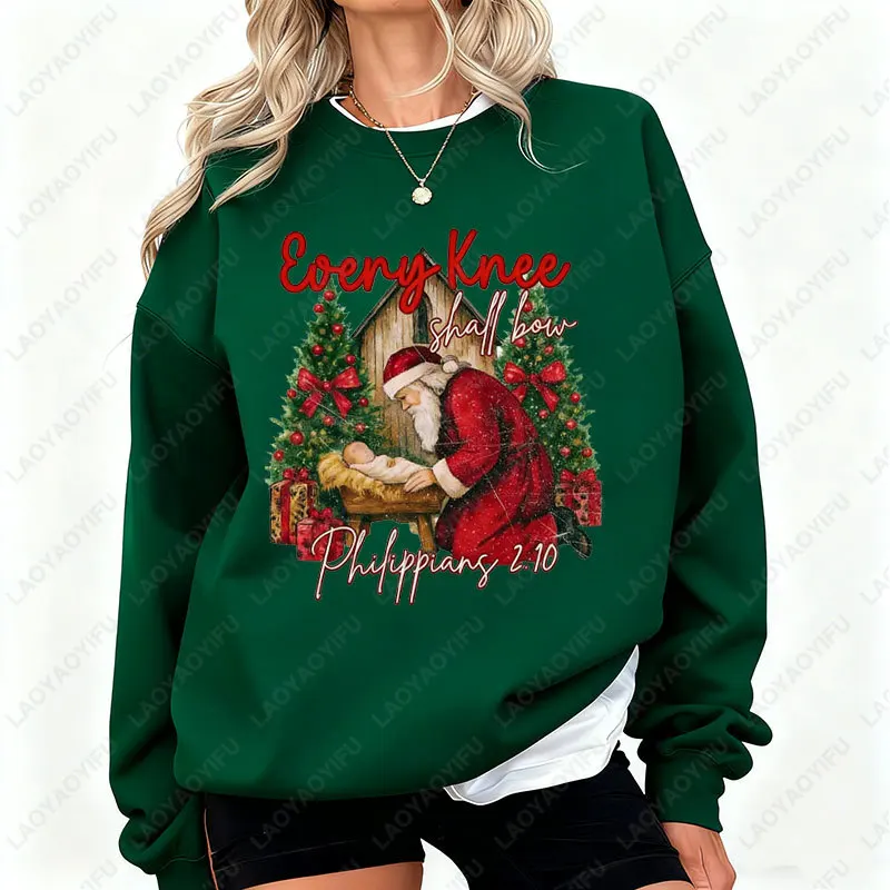 عيد الميلاد كل الركبة يجب أن يكون القوس البلوز مشهد المهد Crewneck البلوفرات الدينية عيد الميلاد Preppy الكتاب المقدس الآية سانتا هوديي #6