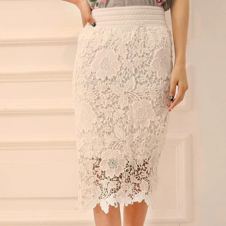 Elegant High Waist Midi Skirts for Women Elastic Waist Lace Hollow Out Flowy Skirt Spring Summer