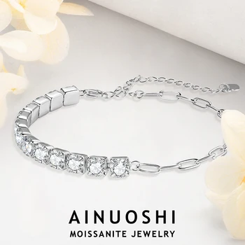 AINUOSHI 925 sterling silver chain bracelets 2mm-5mm round cut moissanite bracelet for women classic casual fashion jewelry gift