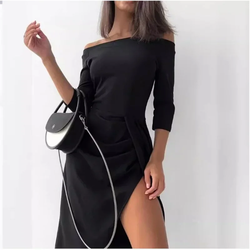 Elegant One-Line คอยาวแขนยาวเอว Slit สีทึบแฟชั่น MIDI ฤดูใบไม้ผลิฤดูร้อนผู้หญิงชุด