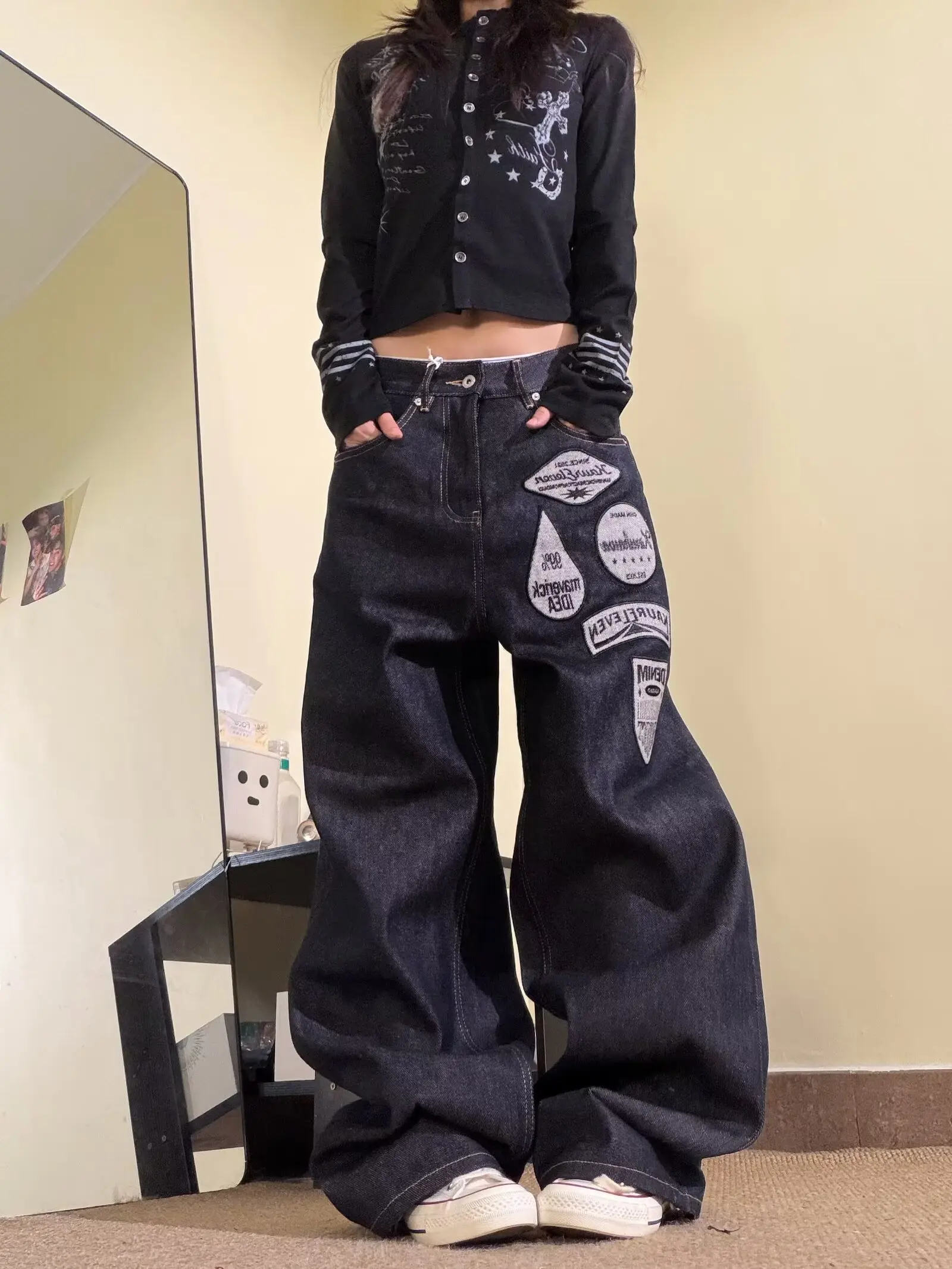

American Fashion Oversize Pattern Embroidered Baggy Jeans Men Y2K Gothic Harajuku Hip Hop Straight High Waist Wide Leg Pants New