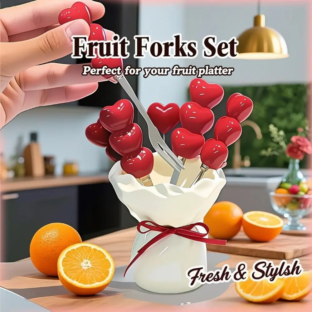 

Creative Fruit Forks Set Bouquet Shape Solid Color Dessert Forks with Storage Jar Ceramic Jar Comfortable Grip Fruit Receipt Jar