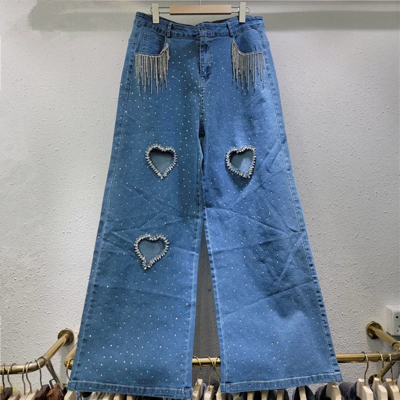 

Fashion 2025 Women's Jeans High Waist Straight Love Heart Design Hollow Out Casual Denim Pants Streetwear Straight Leg Trousers