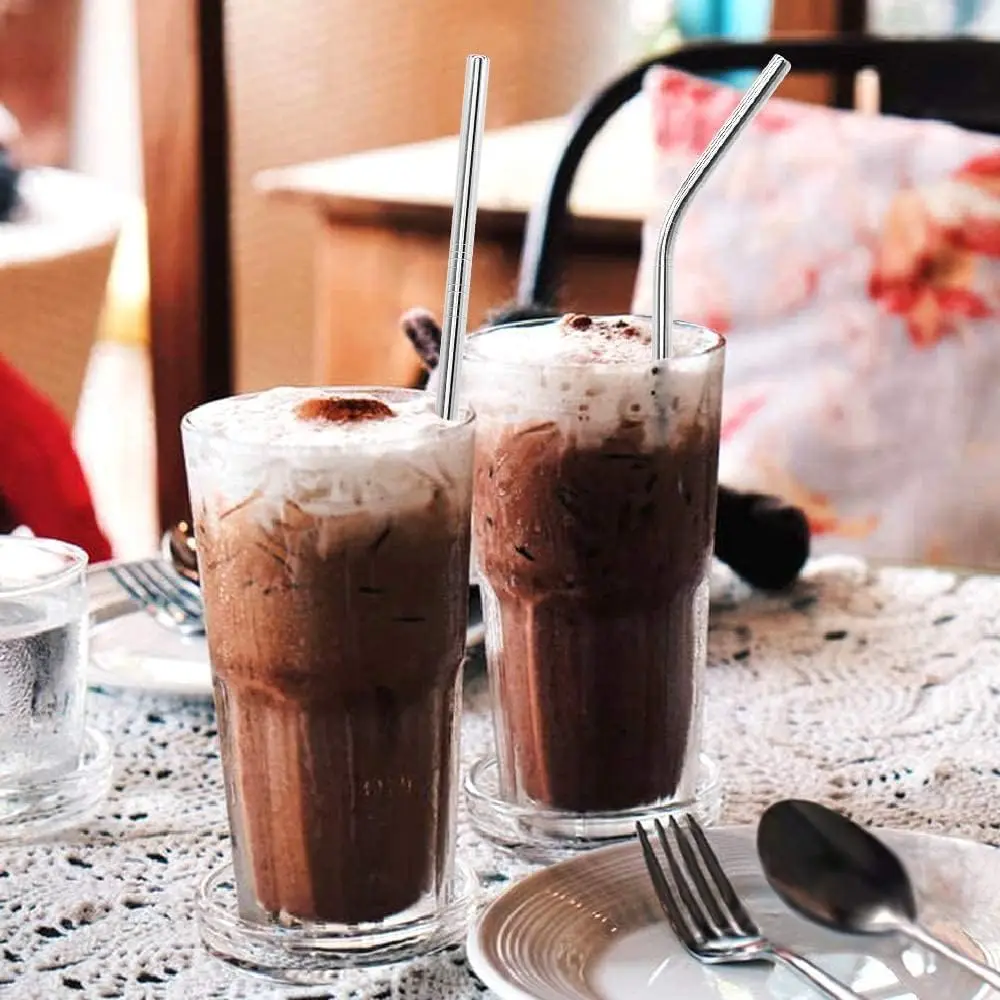 16 Reusable Stainless Steel Straws, 8 Straight & 8 Bent, Includes Cleaning Brushes