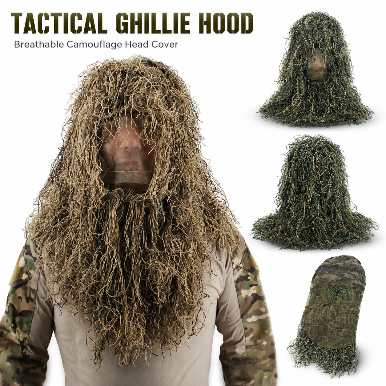 

Tactical Ghillie Hood Sniper Camouflage Headgear Breathable 3D Mesh Camo Veil for Airsoft Hunting CS Wargame Photography