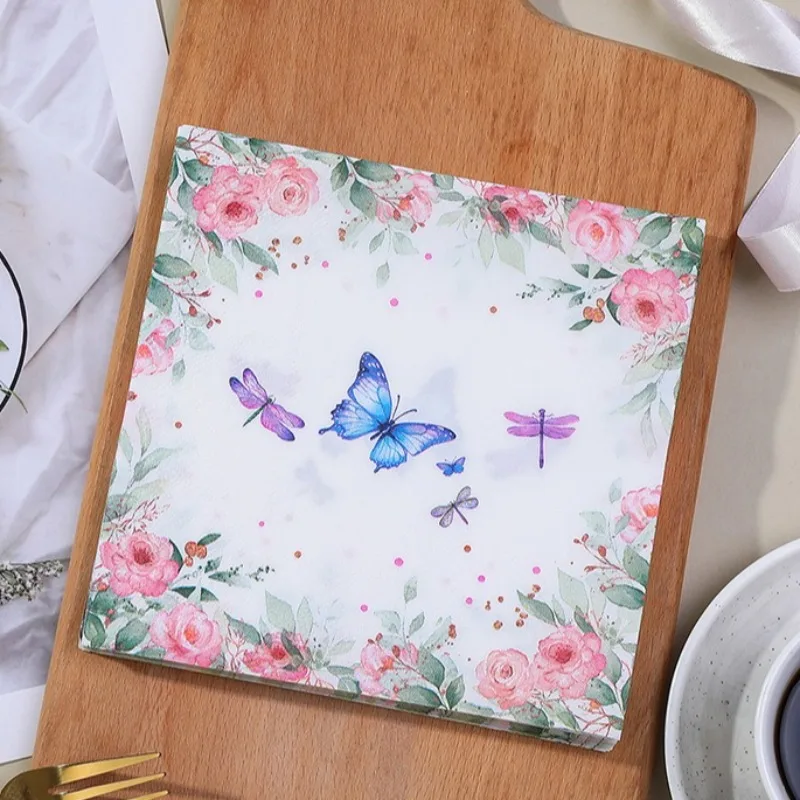 20pcs Elegant Rose Garden Napkins with Butterfly and Dragonfly Design, Light Blue Floral Pattern Dining and Table Decor