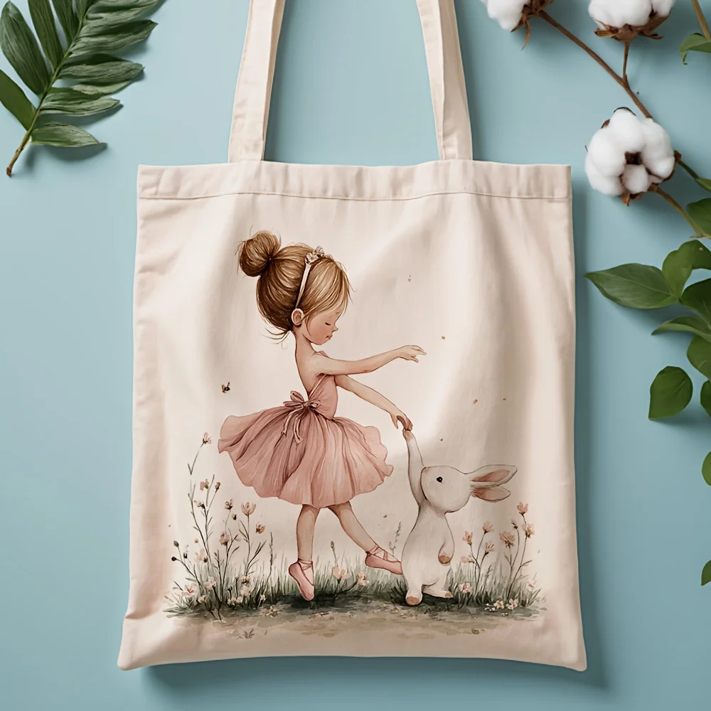 A The Girl And The Rabbit Pattern Print Canvas Tote Bag, Suitable For Daily Use, Shopping, School, And Travel