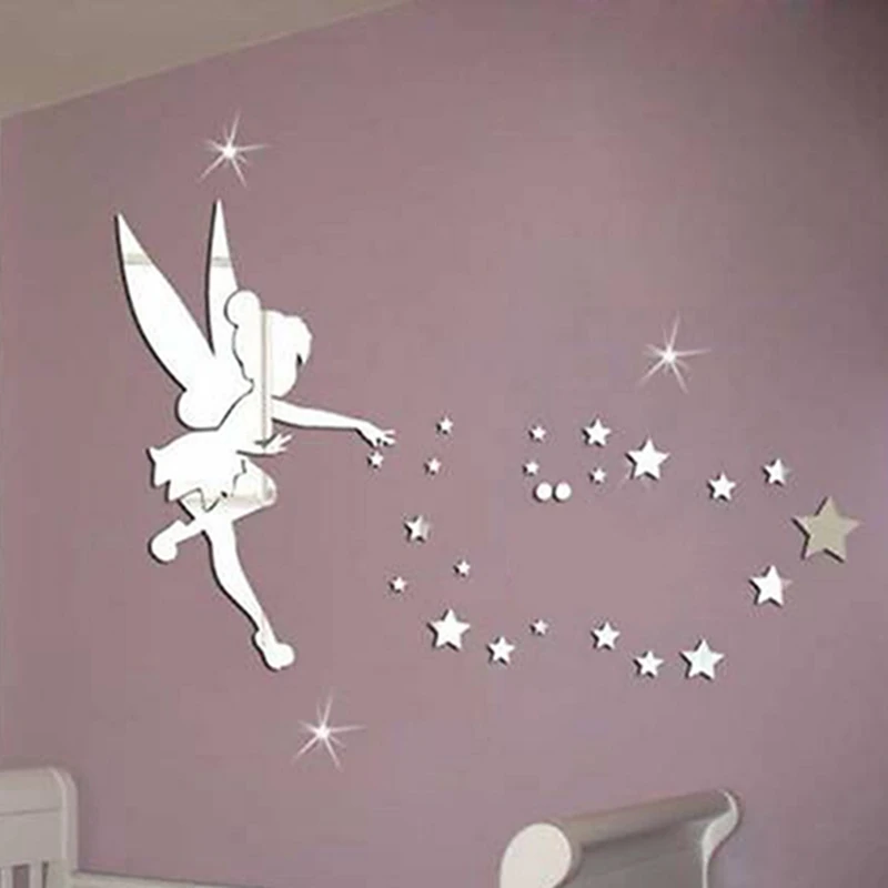 1 Set 3D Fairy Blown Star Plastic Mirror Wall for Girls Room Elf Sprinkles Stars Stickers Green Wall Home Decoration With Glue