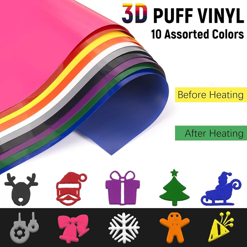 Puff Vinyl Heat Transfer 10Sheet 12X10inch 3D Puff HTV With Weed Tools Assorted Colors Puffy Vinyl DIY Heat Press Design