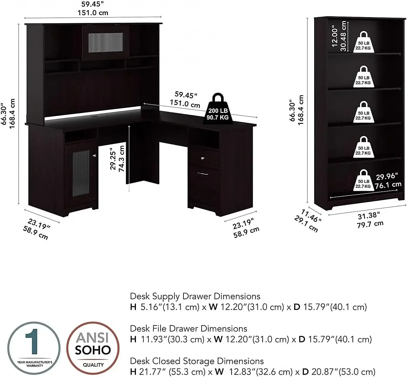 Bush Furniture Cabot Mesa de computador em forma de L de 60 W com gaiola e estante de 5 prateleiras em carvalho expresso