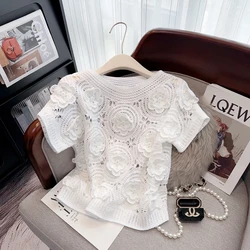 Crochet Sweater Pullover For Women 2024 Summer Stereo Flower Hollow Knit Tops Knitwear Elegant Stylish Vintage Ladies Jumpers