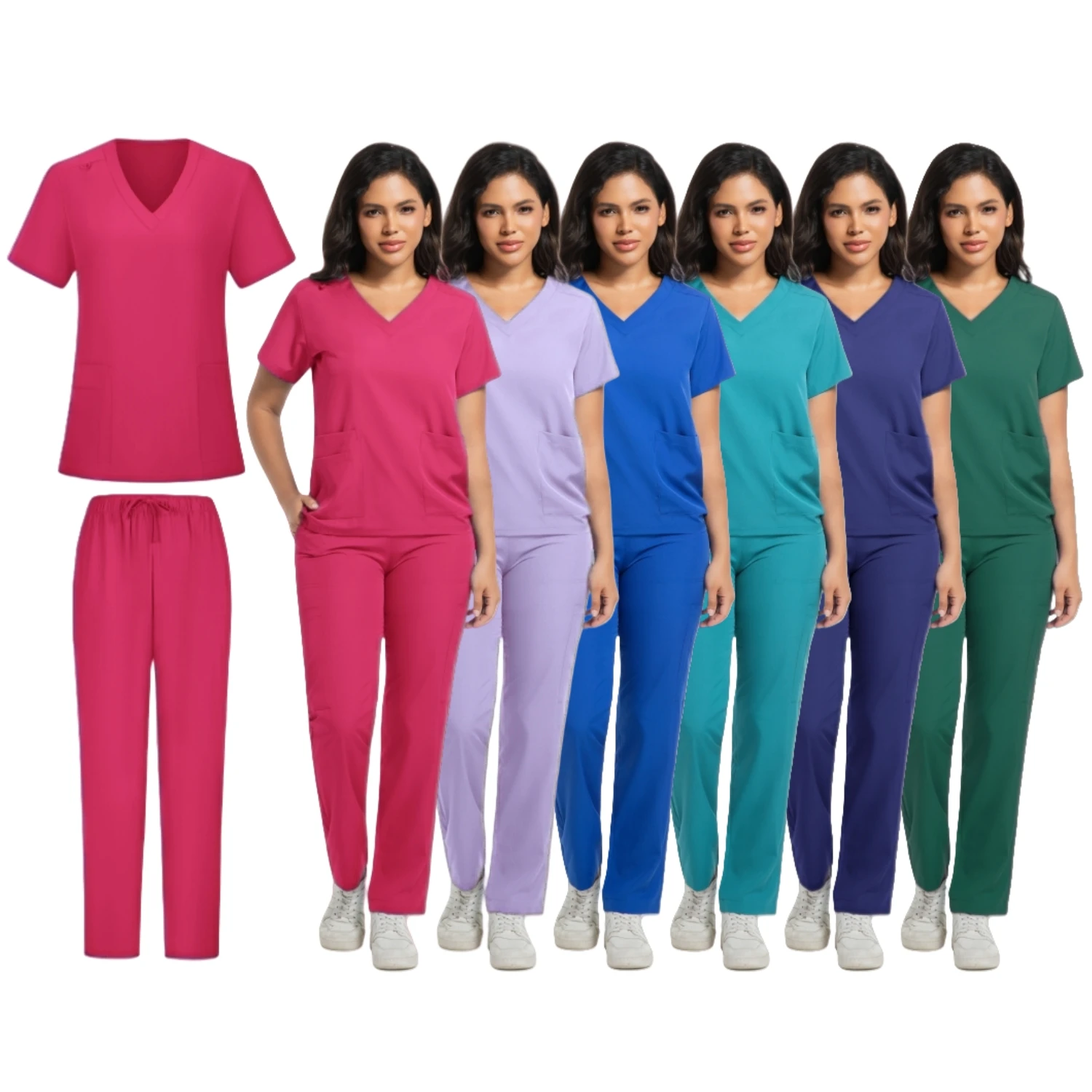 

Wholesale Nursing Fashion V-neck Top Pants Sets Hospital Medical Scrubs Surgical Uniforms Woman Multi Color Straight Sets Scrub