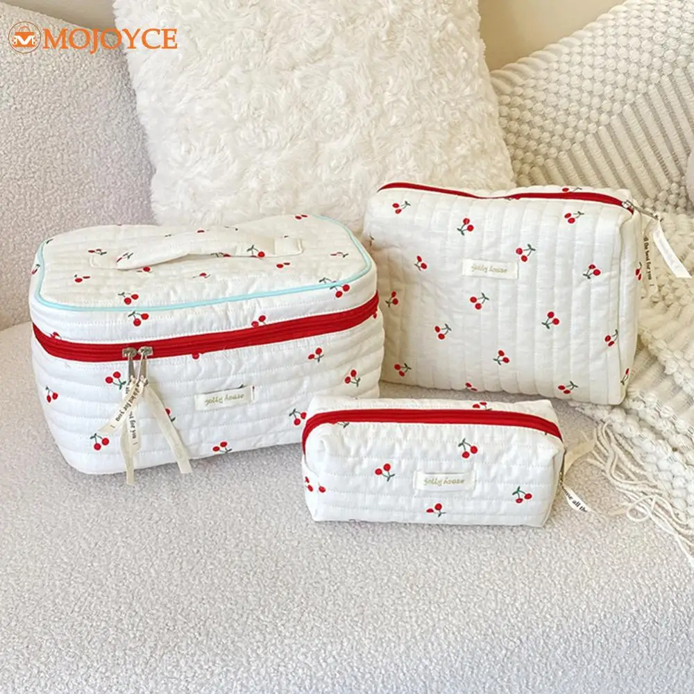 3pcs/set Quilted Cotton Ladies Makeup Pouch Large Travel Cosmetic Bag Women's Aesthetic Print Storage Bags Zipper Cute Organizer