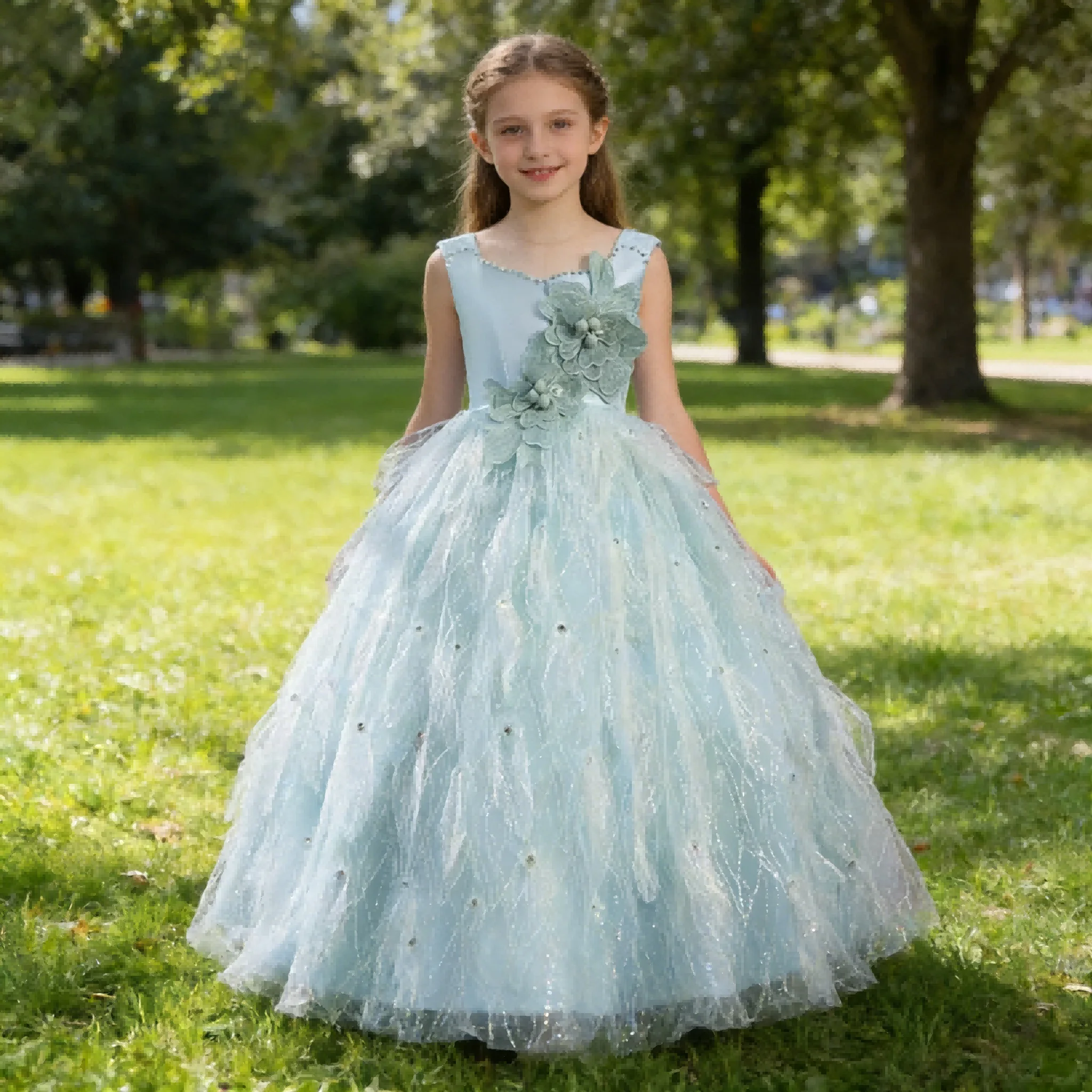 

Girls Birthday Blue Princess Dress Puffy Tulle Party Gown ChildrenFlower Girl Wedding Formal Outfit Pageant Host Performance