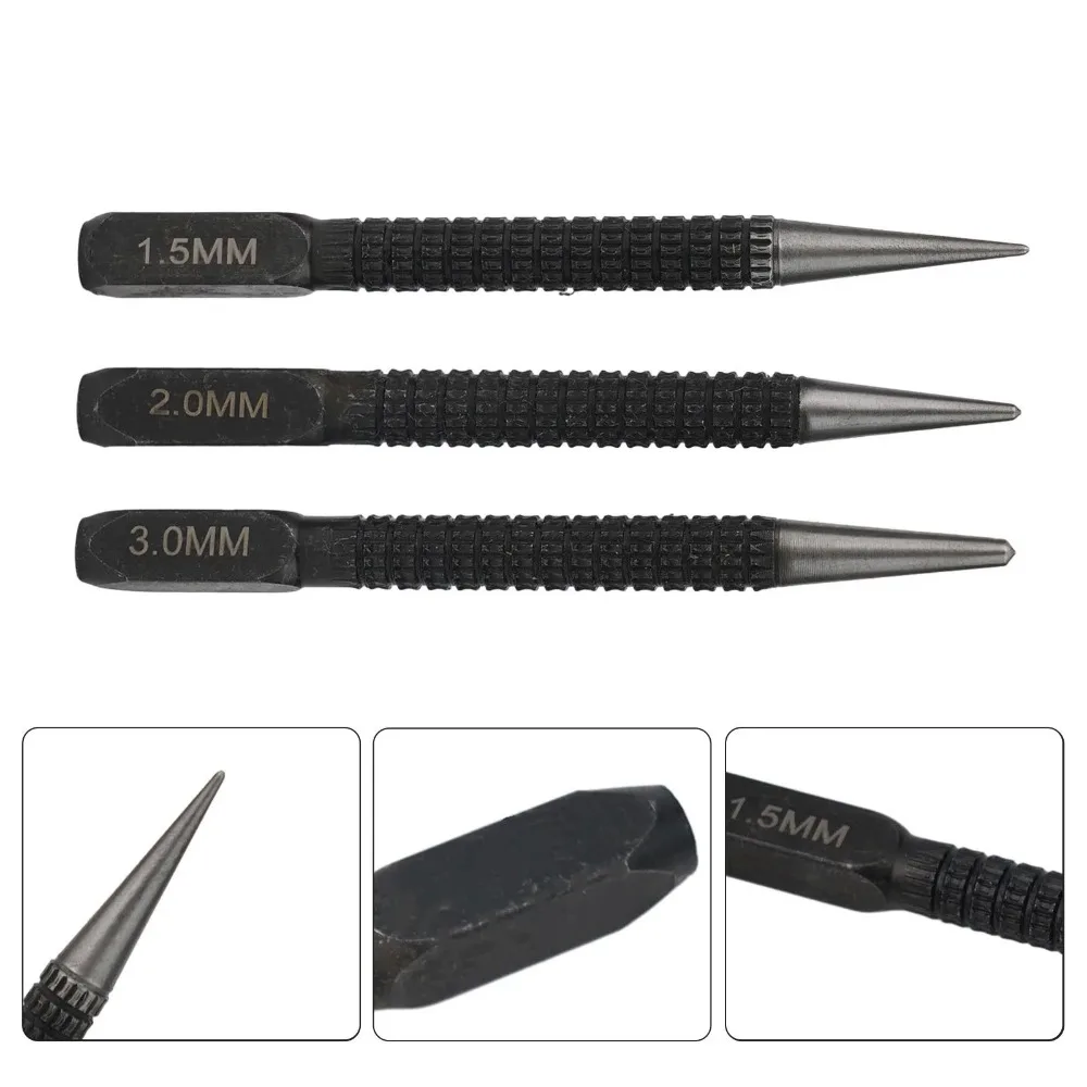 Pre-drill Position Marker Center Punch 3Pcs Multi Size Metal Pin Punch Knurled Anti-slip Handle For Workshop Daily Use