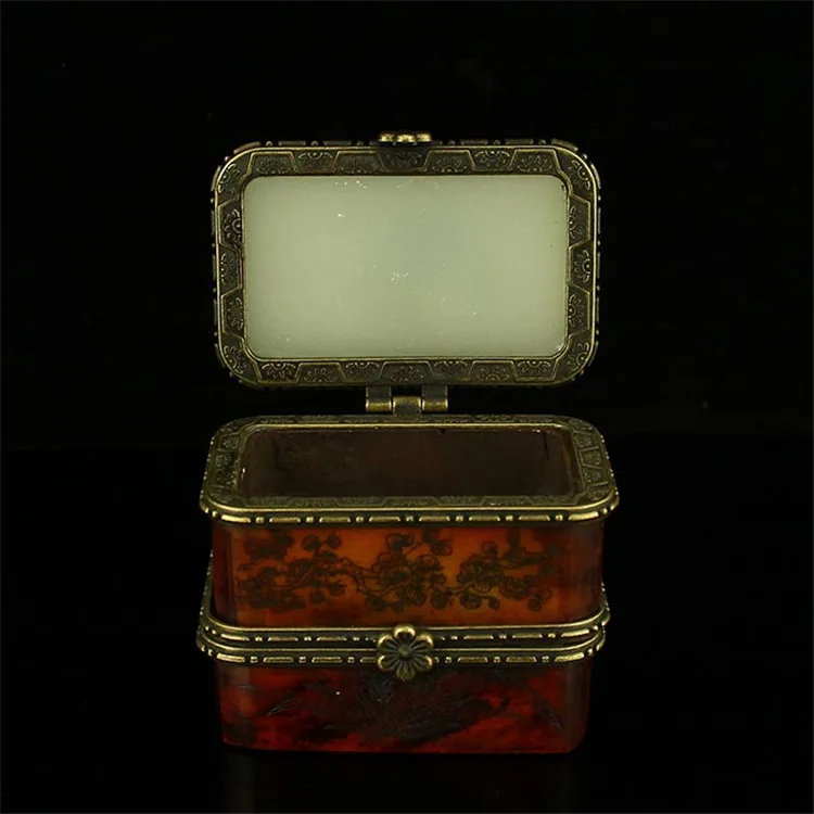 Vintage Chinese White Jade Carving Pattern Double-deck Jewelry Box