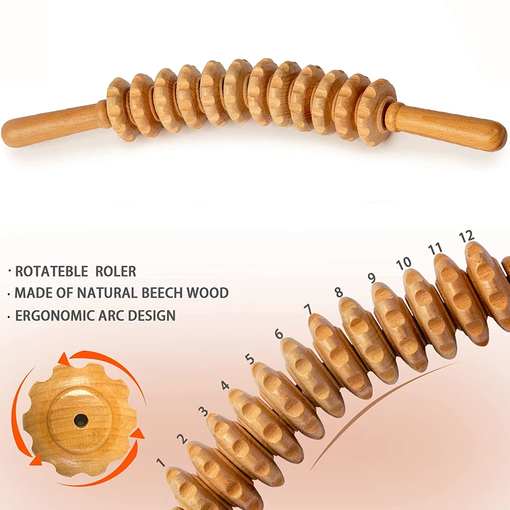 Wooden Therapy Massage Stick 9 Roller Tool for Lymphatic Drainage,Cellulite Trigger Point Manual Muscle Release Rolling Massager