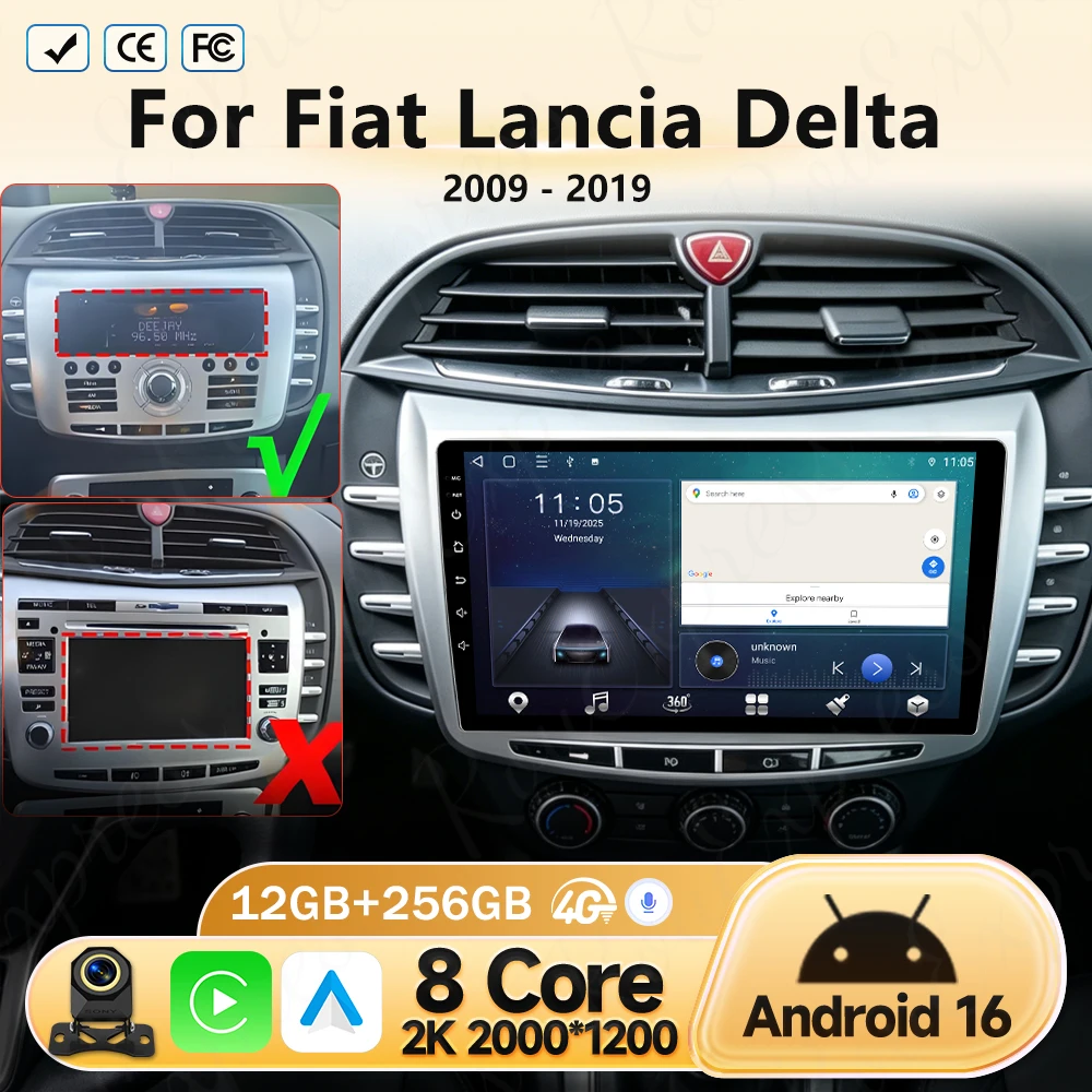 

Автомагнитола Android 16 Carplay для Fiat Lancia Delta 2009-2019, мультимедийный проигрыватель с GPS-навигацией, 4G, сенсорный экран, без DVD, 2DIN