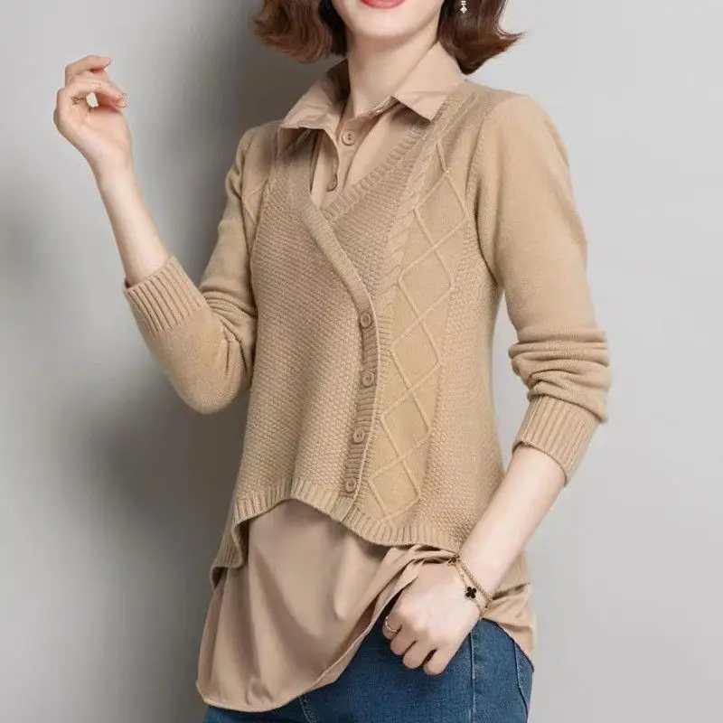 Fake Two-piece Spliced Shirt Collar Sweater Women's Base Shirt Worn Outside Youthful and Stylish Top