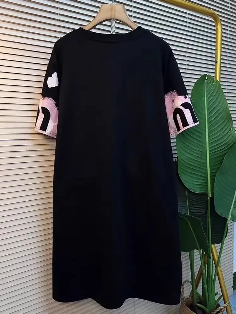 Summer Hooded Short Sleeve Sweatshirt Dress Letter Print Loose Mid Length Dress Korean Fashion Maxi Dresses for Women New