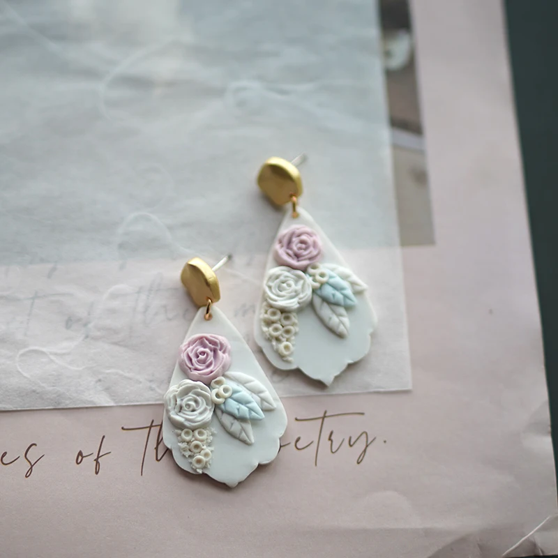 French Romantic Sculpted Flower Bouquet Earrings Polymer Clay Pastel Rose Petal Drop Vintage Gold Stud Floral Sweet Wedding