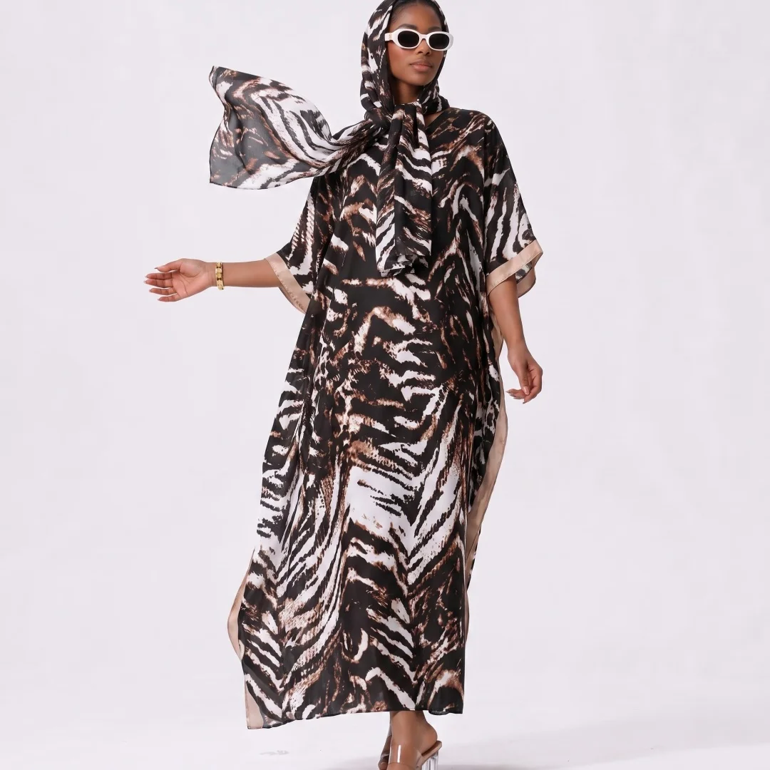 Summer Lightweight Muslim Abaya Two Piece Set Grey Tie Dye Ginkgo Floral Print Oversized Maxi Dress Matching Hijab Scarf