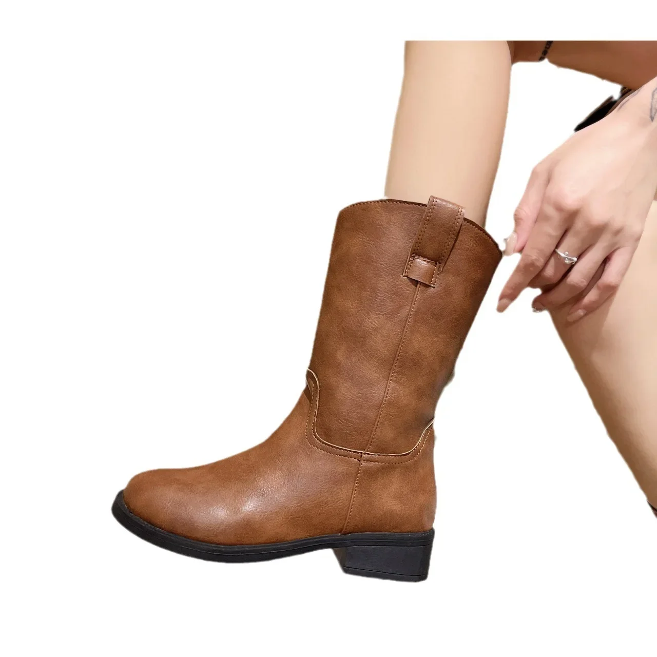 Fashion Western Cowboy Boots Female Autumn and Winter New Comfortable Round Toe Thick Heel Boots Shoes for Women Botas De Mujer