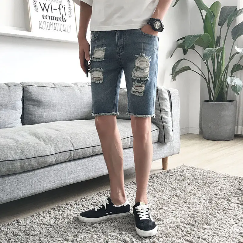 Ripped Denim Shorts Men's Five-point Summer Pants Korean Version 5-point Beggar Thin Men's Medium Pants