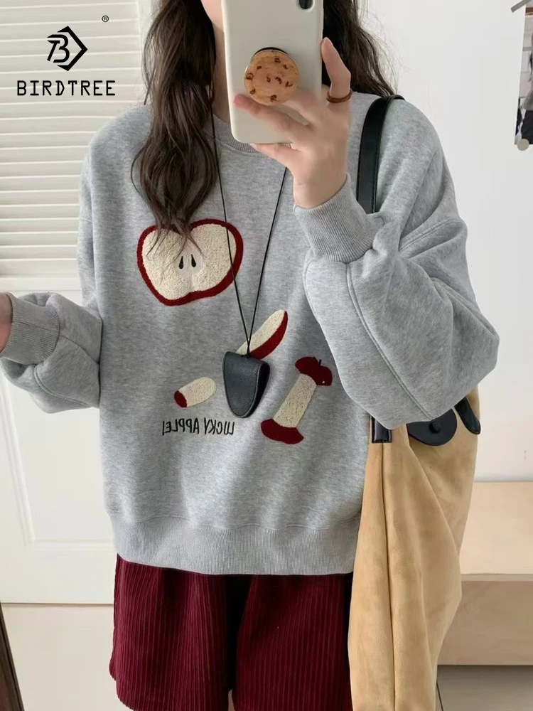 เสื้อสเวตเชิ้ตผู้หญิงผ้าฝ้ายคอลเลคชั่นฤดูใบไม้ร่วงปี 2025 ใหม่ล่าสุด คอกลม แขนยาว ลายพิมพ์ตัดต่อ สไตล์โมริเกิร์ล แนวพรีปปี้ ทรงหลวม ผ้าฟลีซ รุ่น C5O854CC