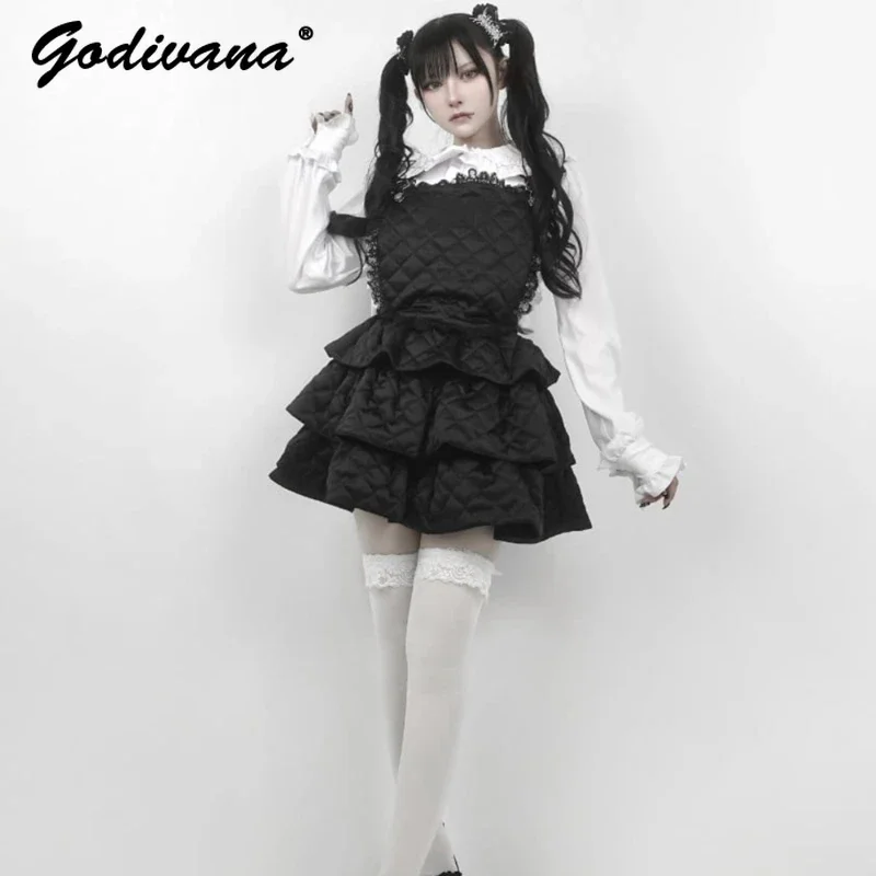 

Japanese Mine Series Diamond Plaid Layered Pettiskirt Girl Female Spring and Autumn New Black Lace Suspender Short Dresses