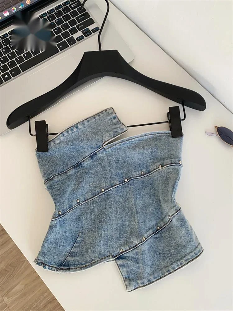 Denim Irregular Beading Top Strapless Zipper Design Summer Night Club Camisoles Ladies Streetwear Sexy Trendy Crop Top