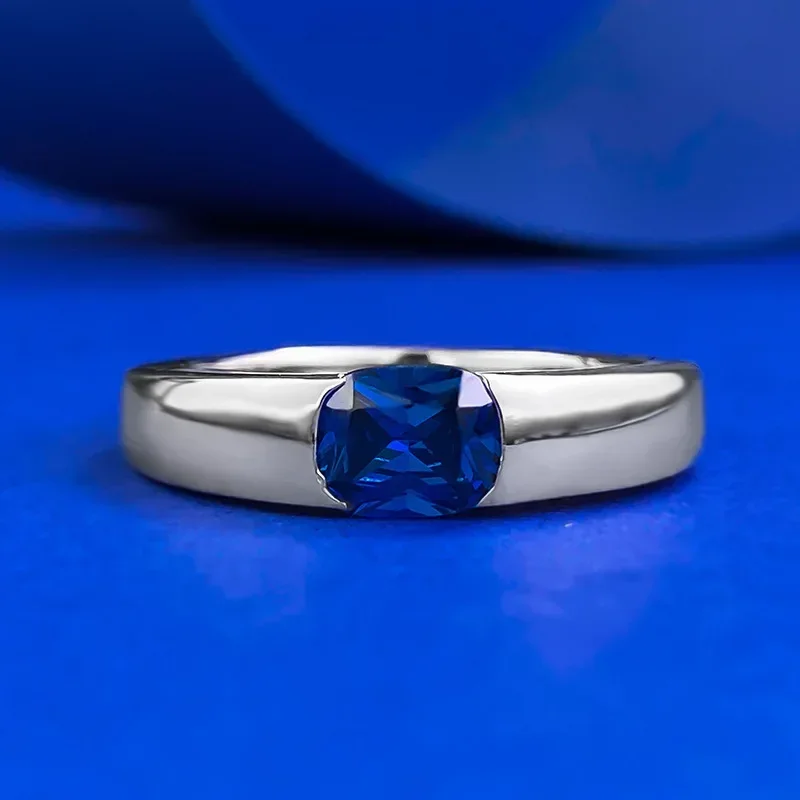 European and American New S925 Silver 5 * 6 Royal Blue High-end, Personalized and Fashionable Square Ring