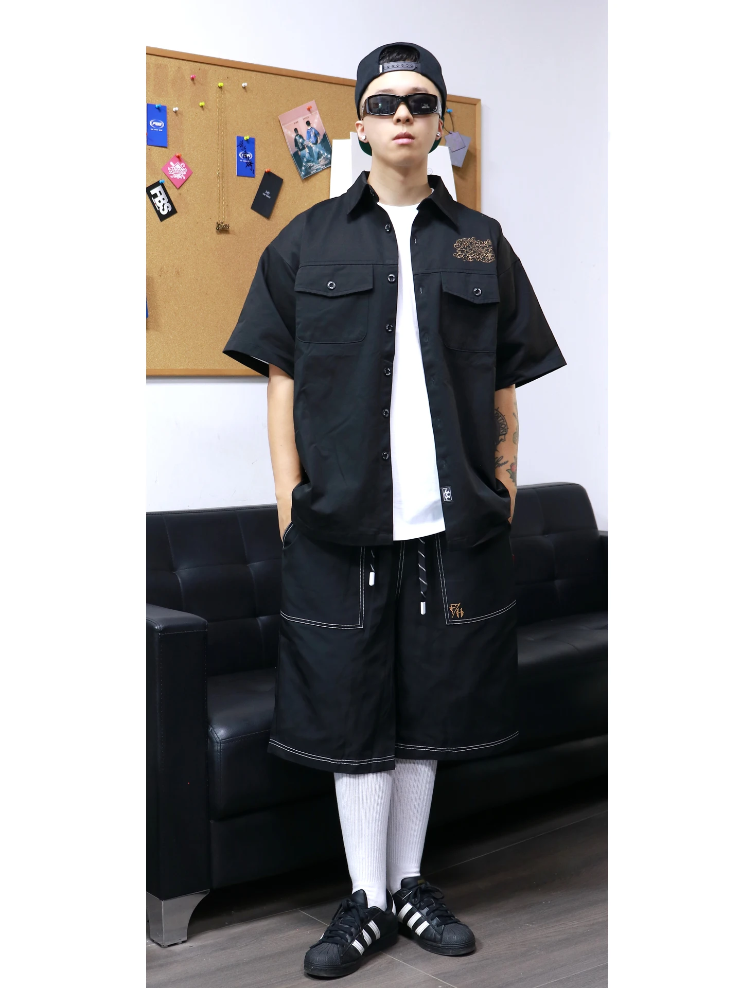 Retro American Hiphop Loose Casual Embroidered Fabric Knee-Length Workwear Shorts Polyester Fiber Middle Waist