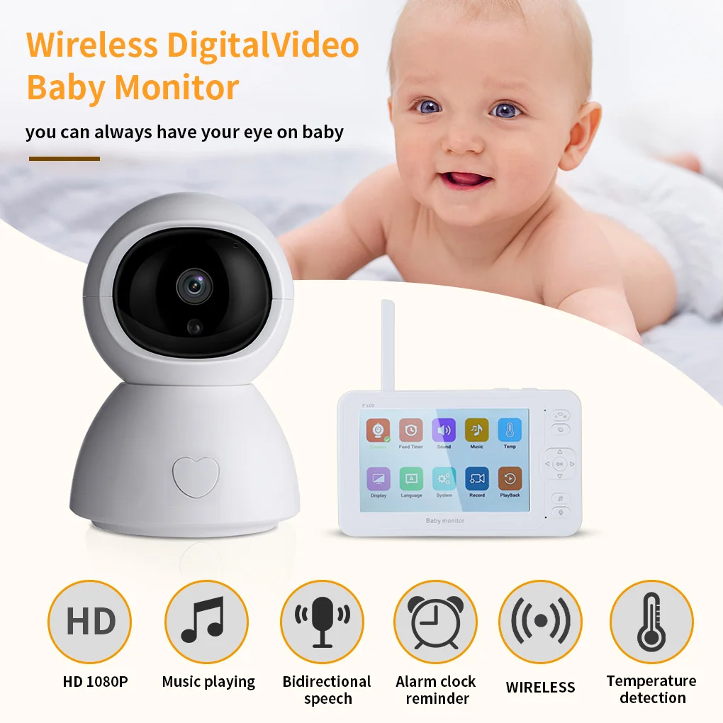

5.0 Inch Display Baby Monitor 1080P HD Baby Security Camera Wireless Video 2 Ways Audio Automatic Night View Camera