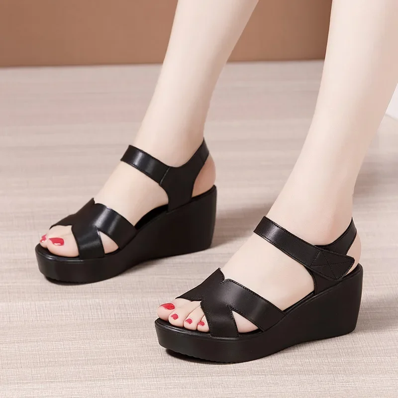 Small Plus Size 33-43 Soft Leather Shoes Women Med Heels Wedges Sandals 2024 Summer Thick Platform Sandals Office Beach Mom